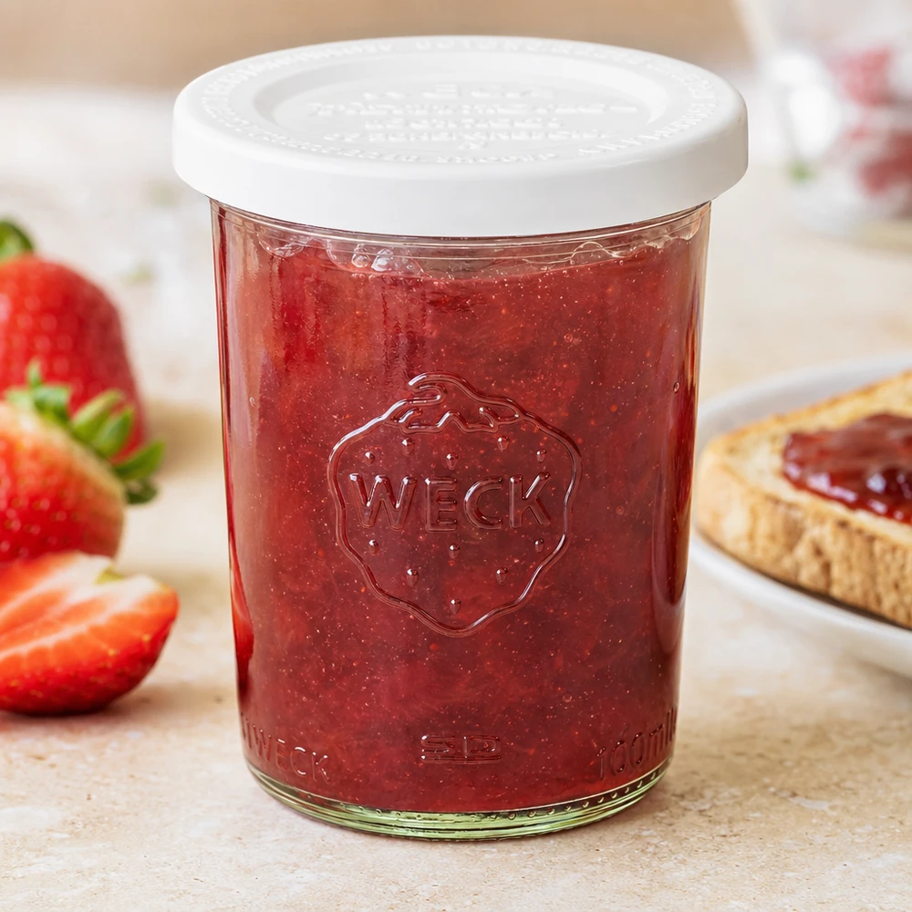 Vaso da conserva WECK da 160 ml con marmellata di fragole e coperchio bianco di freschezza, accanto a fragole fresche e pane con marmellata