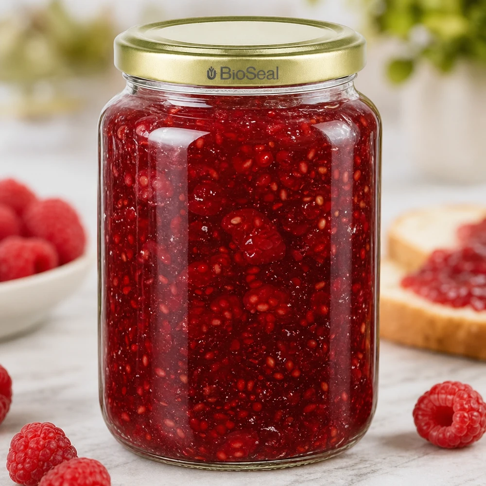 Vasetto per miele da 1000 g con capsula dorata BioSeal UNiTWIST Il vasetto da 1000 g di miele riempito di marmellata di lamponi rossi mostra l'uso pratico per la conservazione e lo stoccaggio