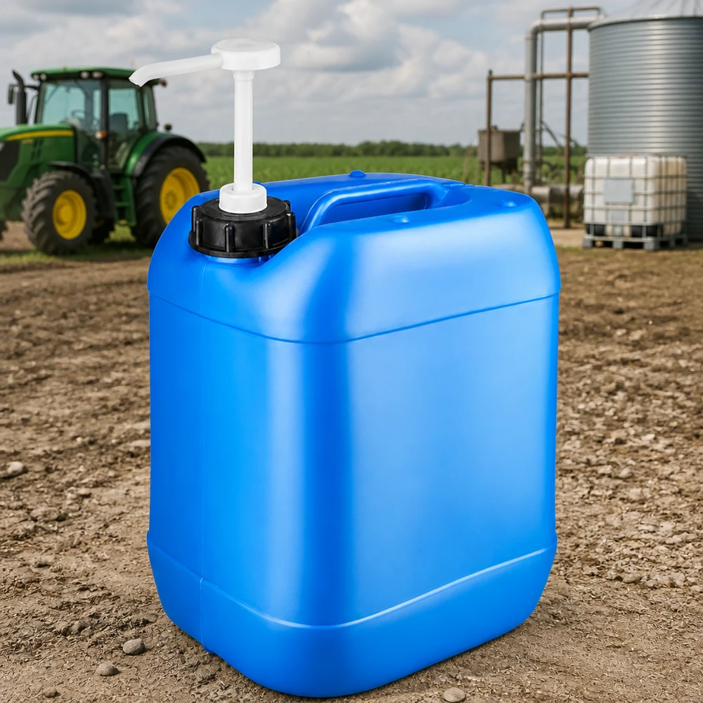 Tanica 20 litri blu con pompa dosatrice Robusto contenitore da 20 litri di colore blu con pompa dosatrice su un campo coltivato davanti a un trattore John Deere