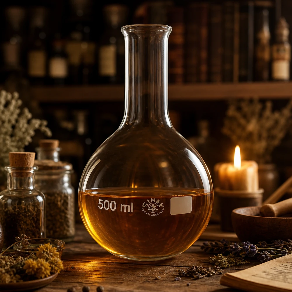 Matraccio da 500 ml a collo stretto Fiaschetta da 500 ml con liquido ambrato in un'ambientazione alchemica tradizionale