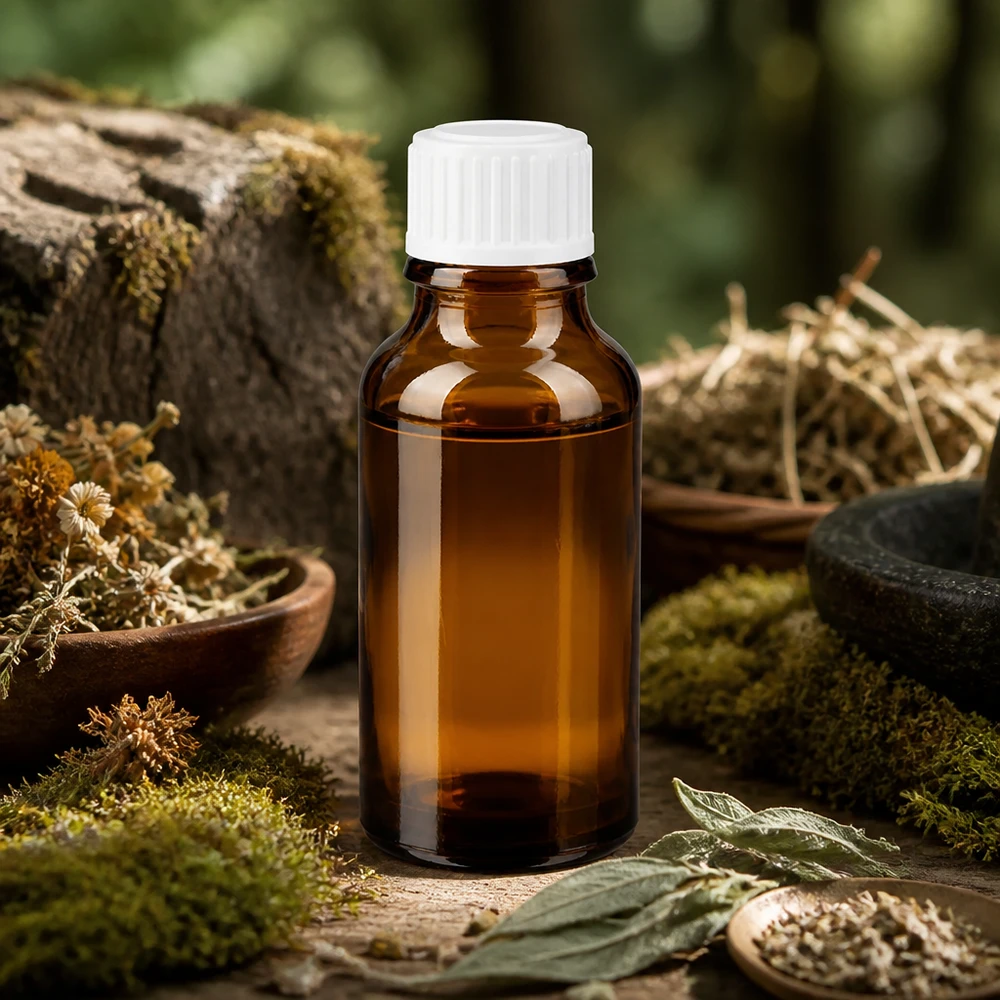 Flacone medico da 20 ml in vetro ambrato con tappo bianco STD, contenente erbe medicinali essiccate