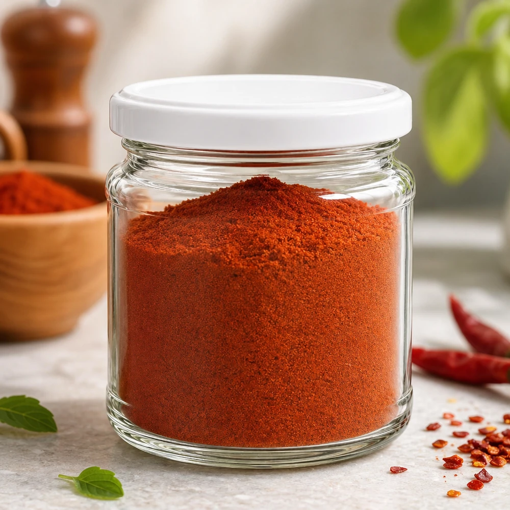Barattolo rotondo da 212 ml con coperchio BasicSeal bianco UNiTWIST Barattolo rotondo da 212 ml con coperchio bianco UNiTWIST riempito con paprika rossa in polvere - ideale per conservare le spezie