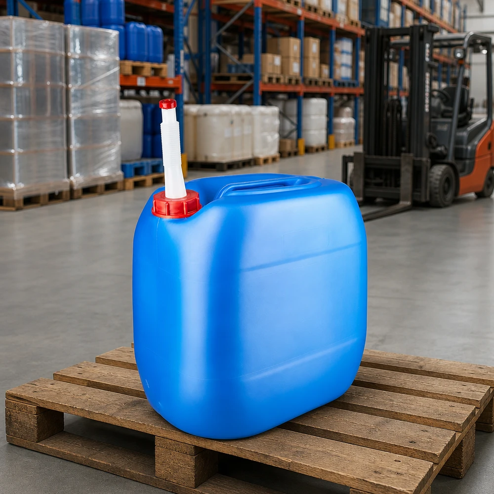 Tanica 30 litri blu con tubo di uscita Flex Tanica blu da 30 litri con tappo rosso e beccuccio, su pallet di legno in un magazzino industriale