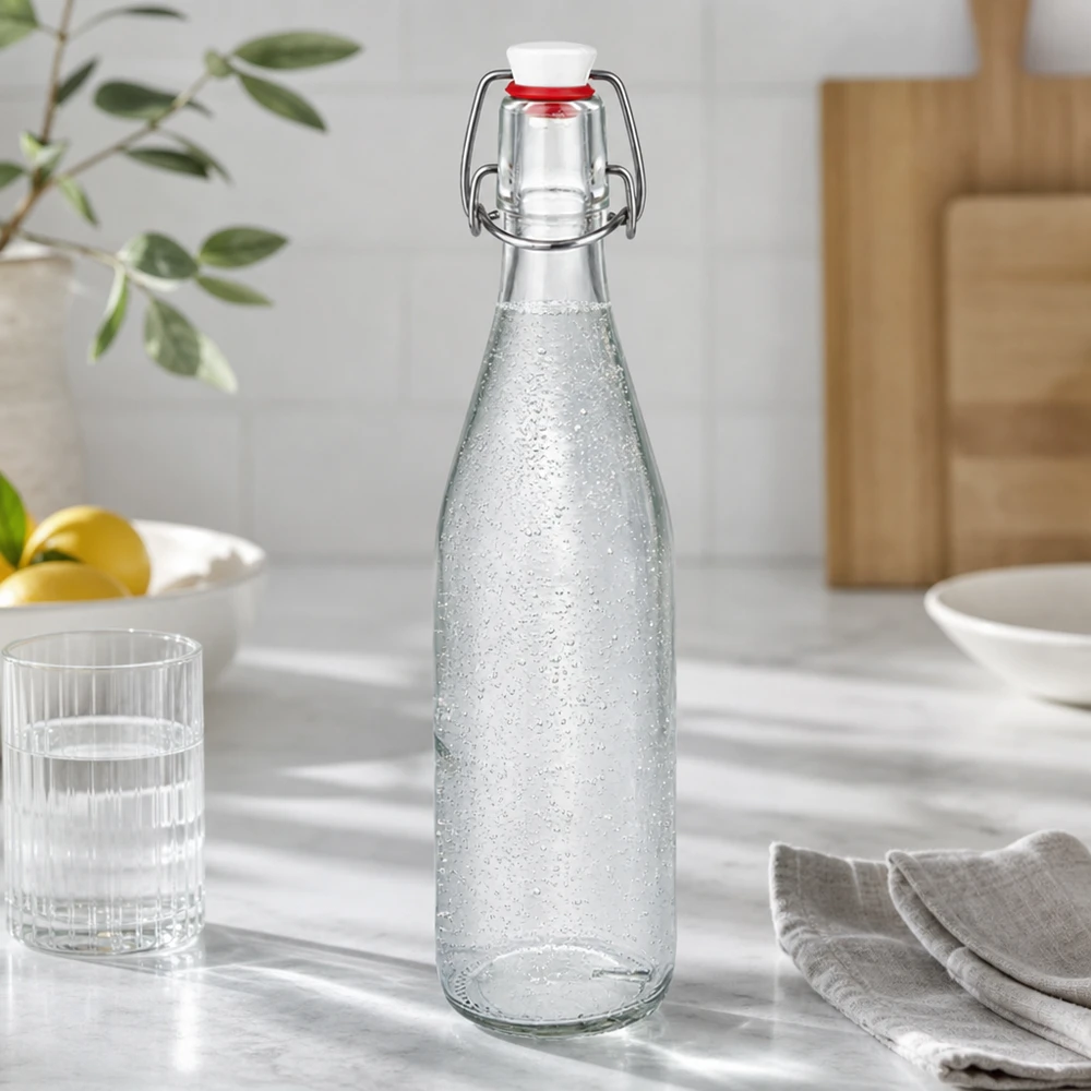 Bottiglia di vetro da 500 ml con tappo girevole riempita di acqua frizzante in una cucina moderna accanto a bicchieri e posate