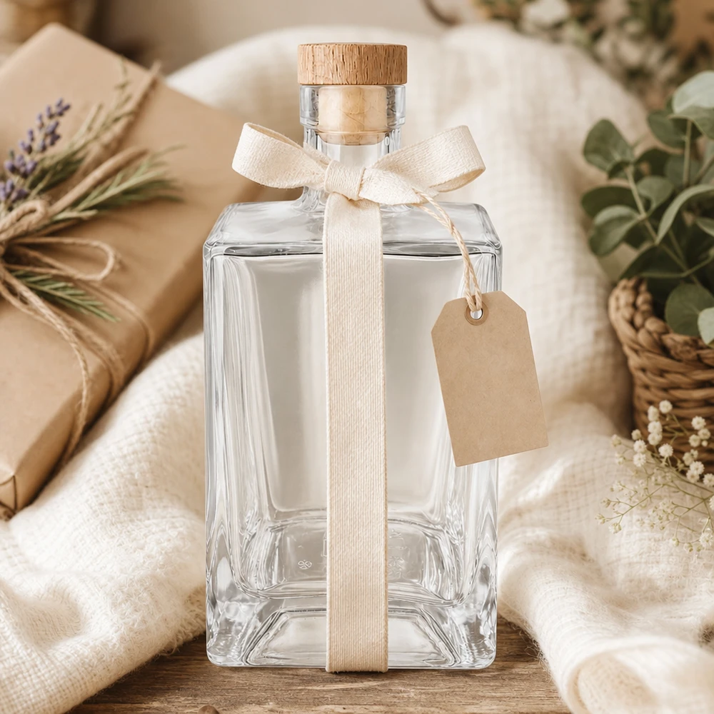 Bottiglia in vetro da 700 ml Ben in regalo, decorata con nastro color crema, ciondolo, confezione naturale, tappo in legno UNiTWIST