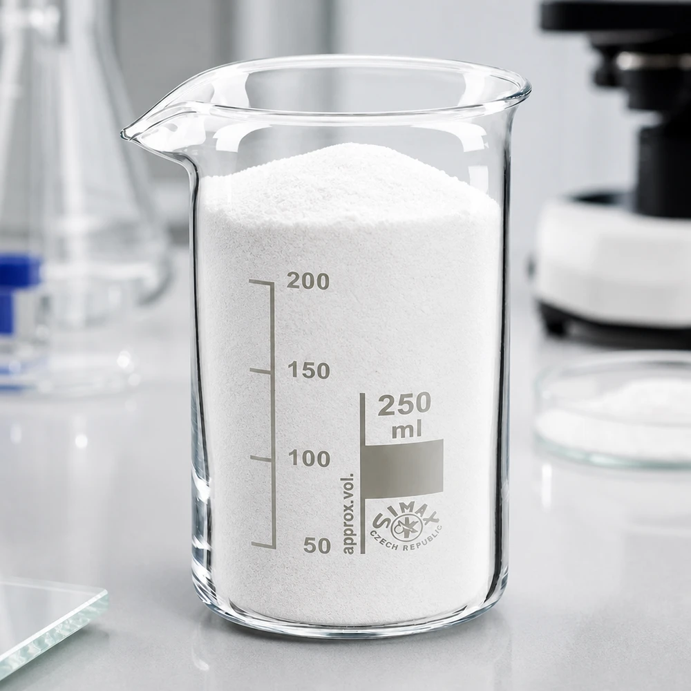 Becher da 250 ml di forma alta, riempito di polvere bianca, su un tavolo da laboratorio chiaro con un microscopio