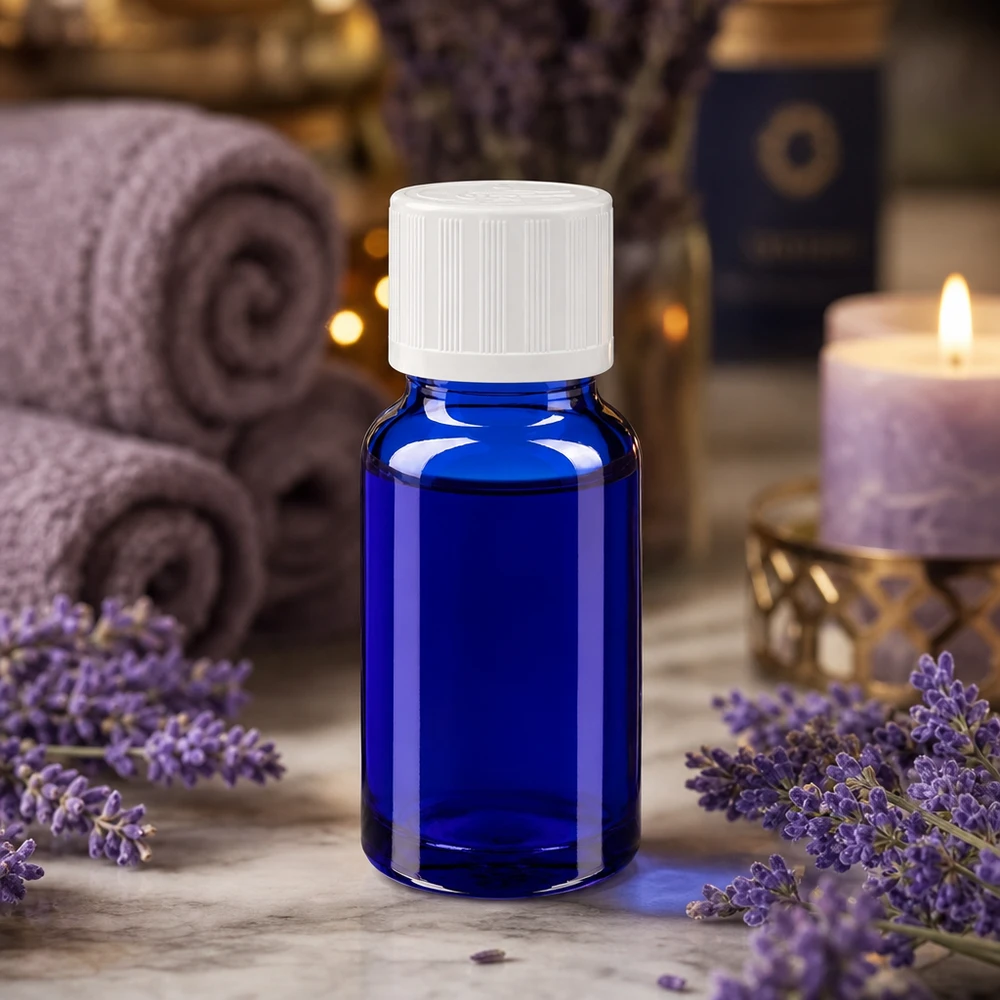 Flacone di vetro blu da 10 ml con tappo contagocce bianco, tra fiori di lavanda e una candela