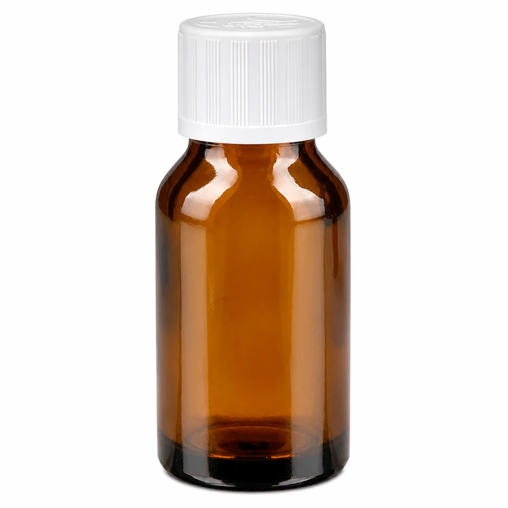 Flacone in vetro ambrato da 30 ml con tappo di sicurezza per bambini bianco e contagocce da 1,2 mm per farmacie