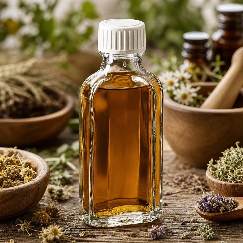 Bottiglia di vetro Meplat da 50 ml trasparente con tappo a vite bianco, tra erbe medicinali e lavanda
