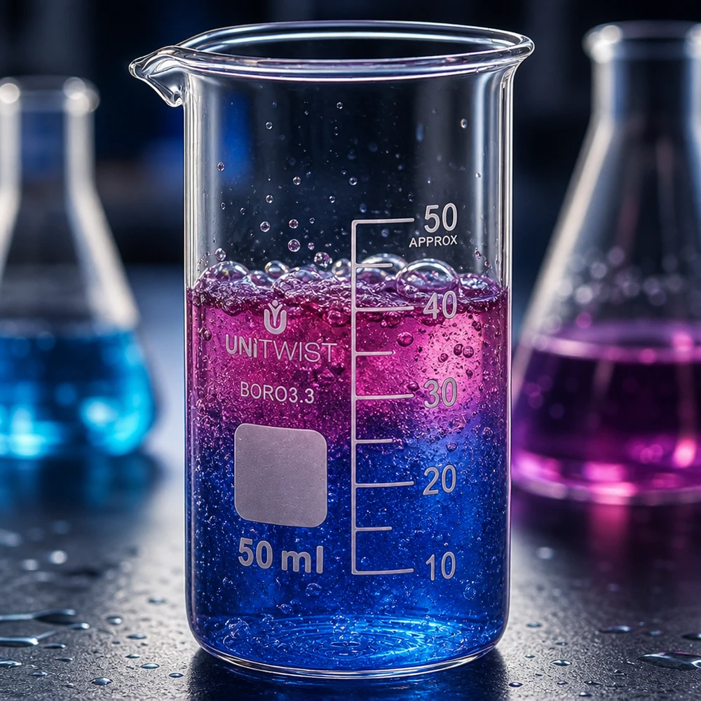 Becher da 50 ml, forma alta, in borosilicato 3.3, con liquido di reazione blu-viola e formazione di bolle