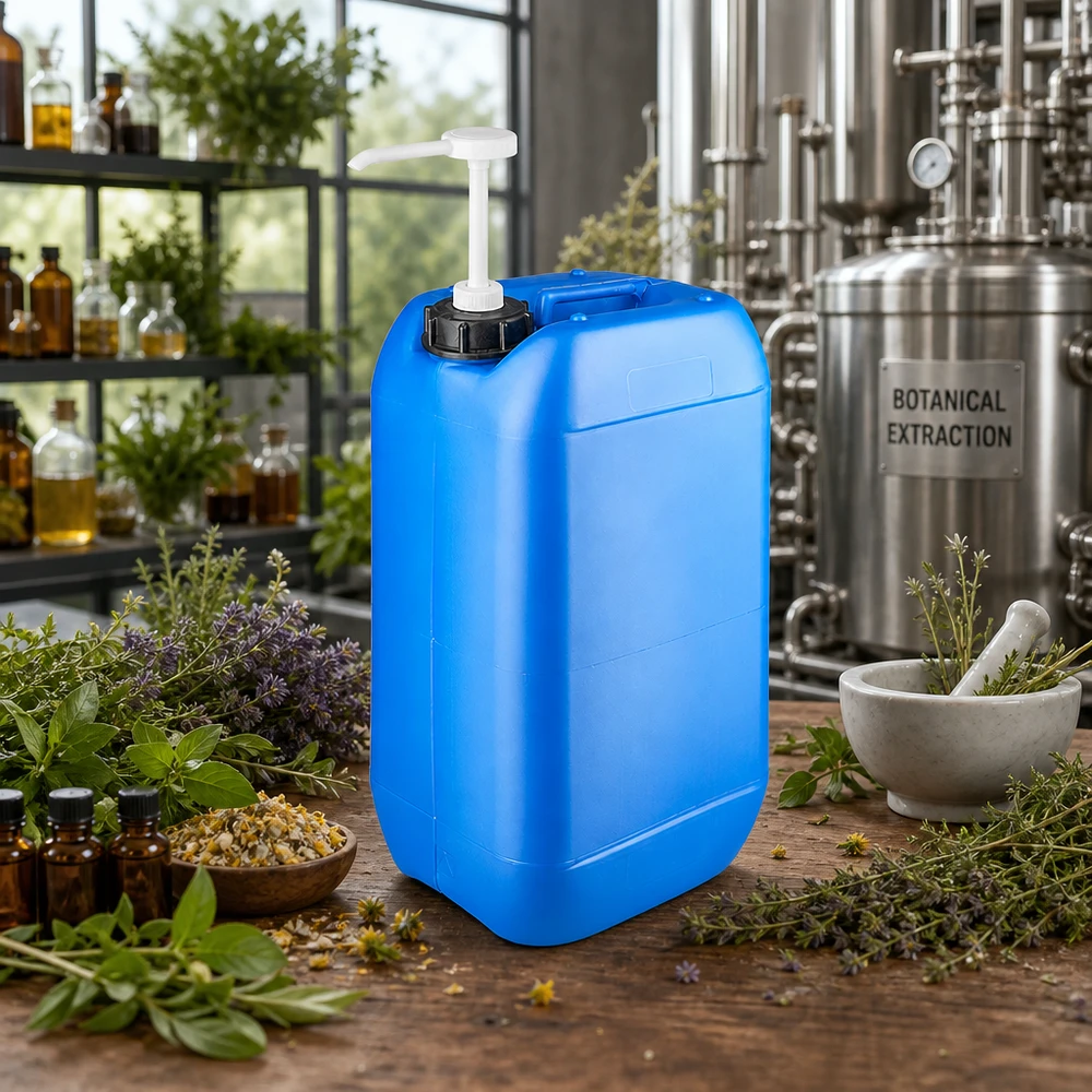 Tanica 15 litri blu con pompa dosatrice Tanica blu da 15 litri con pompa dosatrice, circondata da erbe fresche ed estratti botanici