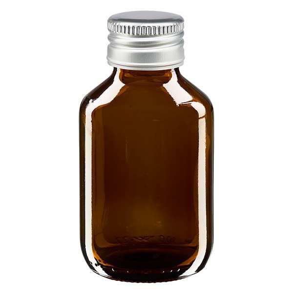 Flacone per medicinali da 100 ml marrone, con tappo in alluminio argentato Flacone per medicinali da 100 ml marrone, con tappo in alluminio argentato