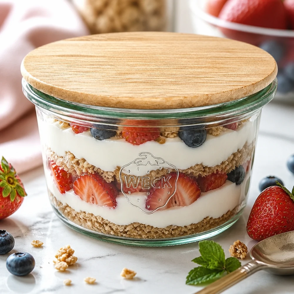 Mini barattolo da 50 ml WECK RR60 con coperchio in legno WECK mini tumbler 50ml come coppa da dessert con dessert a strati di yogurt e mirtilli e coperchio in bambù su un tavolo di marmo bianco