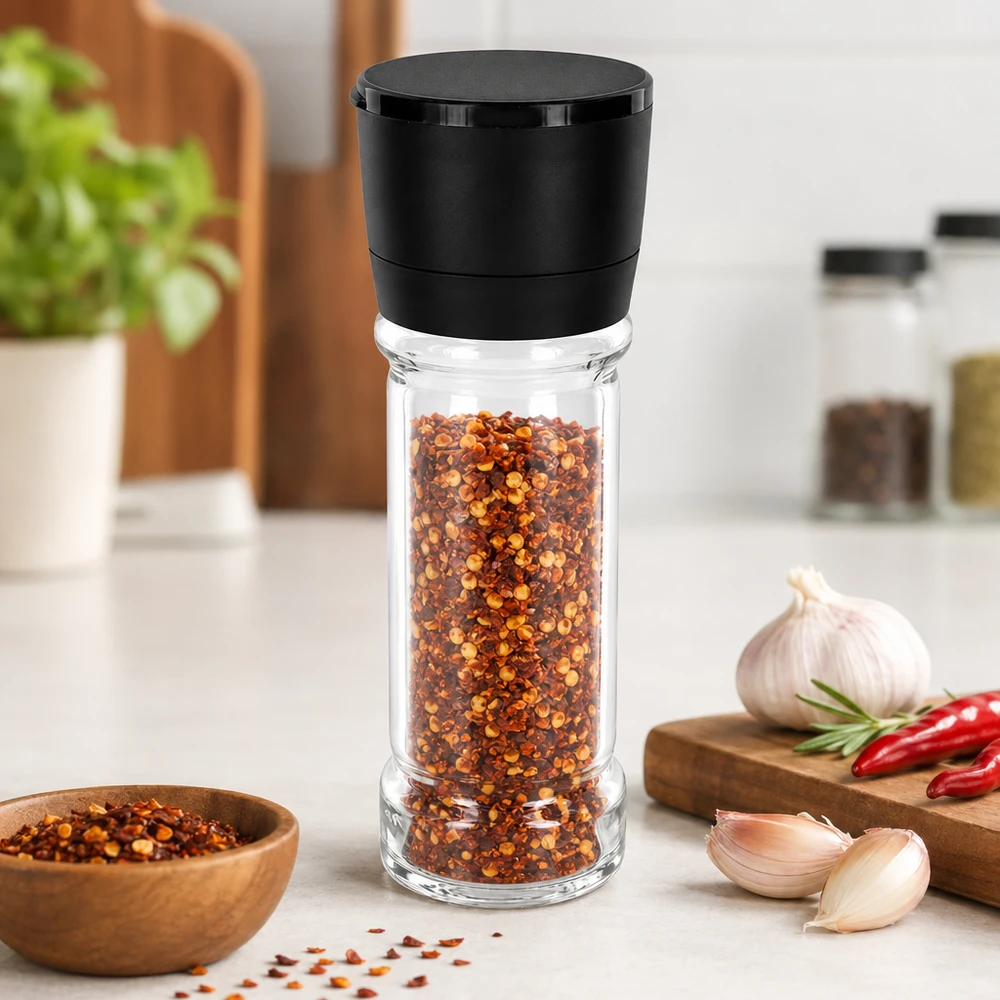 Barattolo per sale e spezie da 100 ml con macinino Vario nero Barattolo trasparente per spezie da 100 ml con coperchio in plastica nera e macinino integrato Vario
