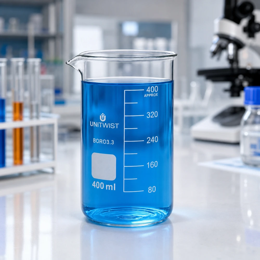 Becher da laboratorio UNITWIST da 400 ml in vetro borosilicato alto con liquido blu su un tavolo da laboratorio bianco