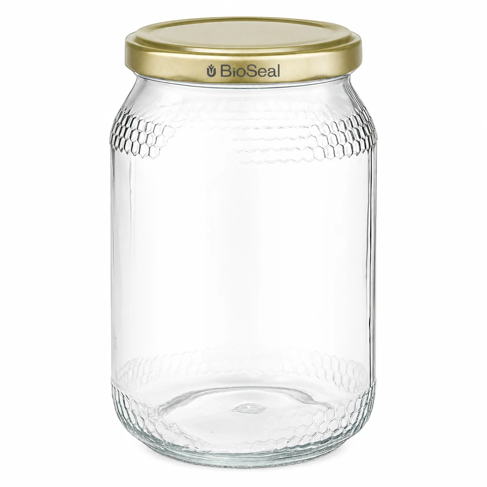 Vasetto per miele da 1260 g con capsula dorata BioSeal UNiTWIST Vasetto di miele da 900 ml con coperchio dorato BioSeal UNiTWIST confezione trasparente vuota per miele da apicoltura