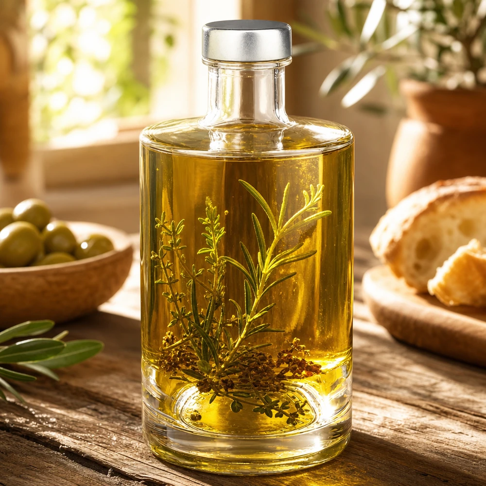 Bottiglia in vetro da 375 ml Sam e tappo a vite argento UNiTWIST® 375ml Glasflasche Sam mit Kräuteröl und Rosmarin gefüllt - dekorative Spirituosenflasche für Küche und Genuss