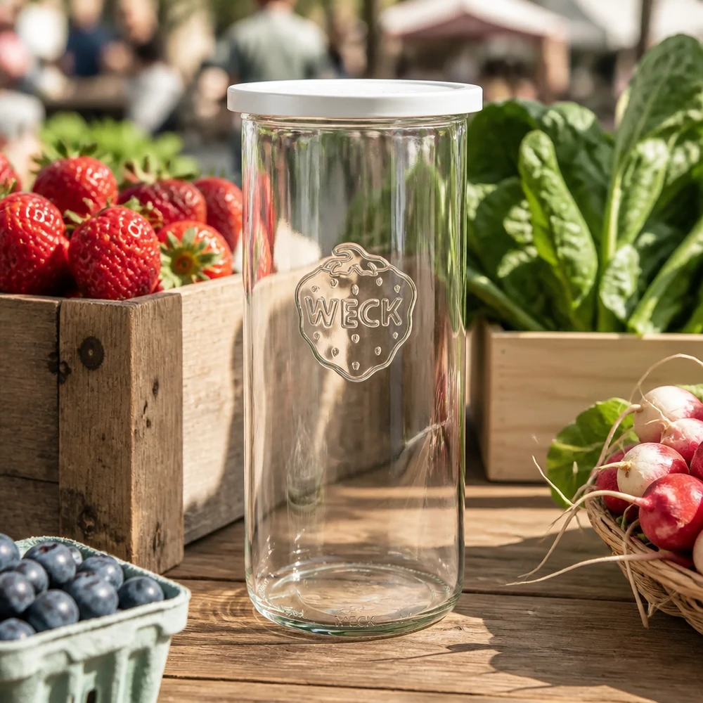 Bicchieri da 1500 ml con coperchio salvafreschezza WECK RR100 WECK Sturzglas 1500ml RR100 mit Frischedeckel zwischen frischem Gemüse und Obst auf Holztisch im Markt-Ambiente