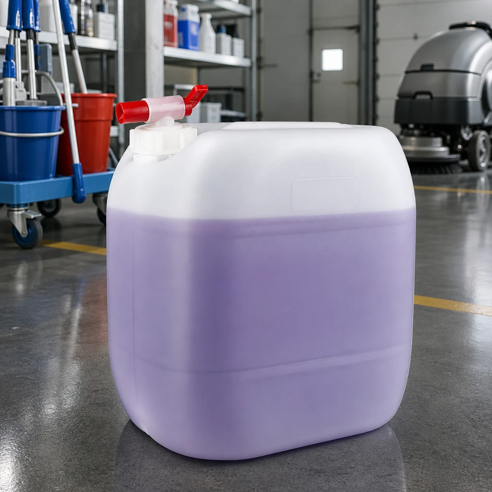 Tanica da 30 litri con rubinetto di scarico Tanica da 30 litri contenente un detergente liquido viola e dotata di rubinetto rosso in un capannone industriale