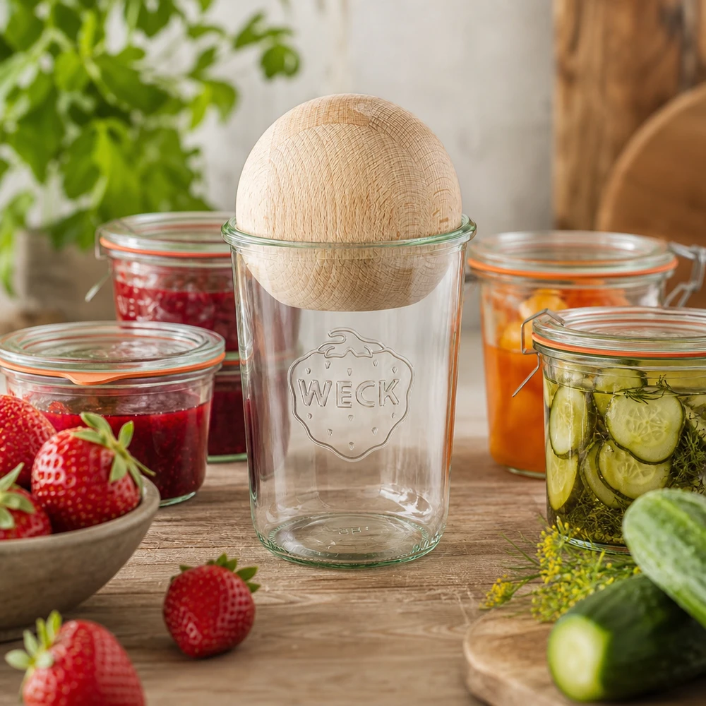 Barattolo WECK 850ml RR100 con scena di cucina con conserve, coperchio a sfera in legno di faggio, barattolo per marmellate