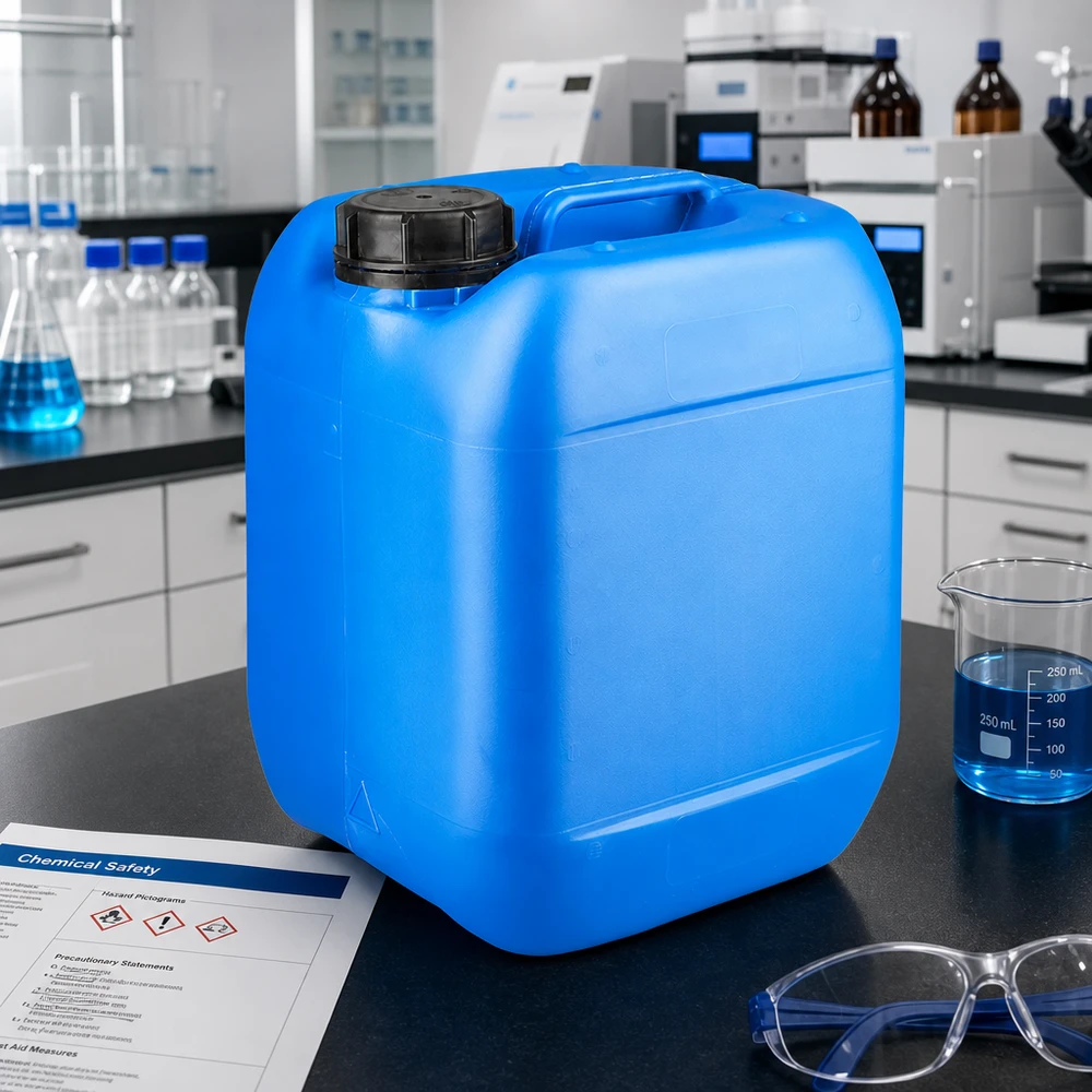 Tanica 5 litri blu con tappo a vite OV Tanica rettangolare in plastica da 5 litri, blu, con coperchio OV nero, su un tavolo da laboratorio