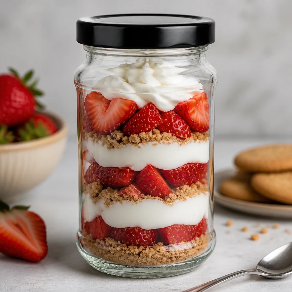 Barattolo rotondo da 390 ml con coperchio BasicSeal nero UNiTWIST Vasetto rotondo da 390 ml con coperchio nero BasicSeal come vasetto da dessert per trifle alle fragole - perfetto per i dolci