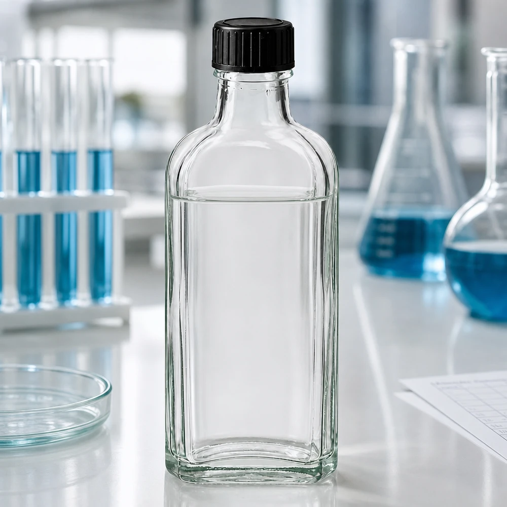 100 ml Tappo a vite trasparente Meplat con disco di tenuta LKD Flacone trasparente Meplat da 100 ml con guarnizione LKD e tappo nero in laboratorio