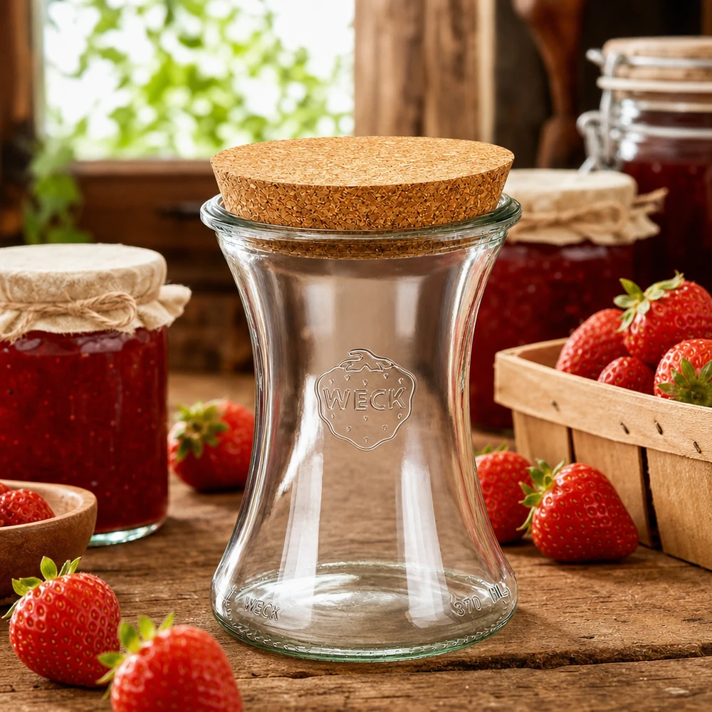 Vasetto da 370 ml WECK RR80 con tappo in sughero naturale Barattolo WECK 370ml RR80 Scena di vita con fragole e barattoli di marmellata su tavolo di legno in cucina