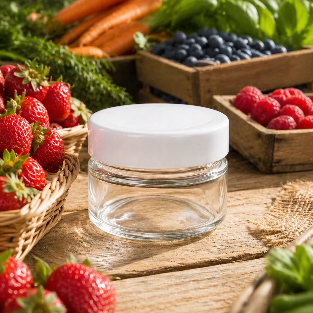 Barattolo rotondo da 80 ml con coperchio BasicSeal bianco profondo UNi... 80ml Rundglas mit weißem Deckel zwischen frischen Beeren - stilvolle Glasdose für natürliche Kosmetik und Cremes