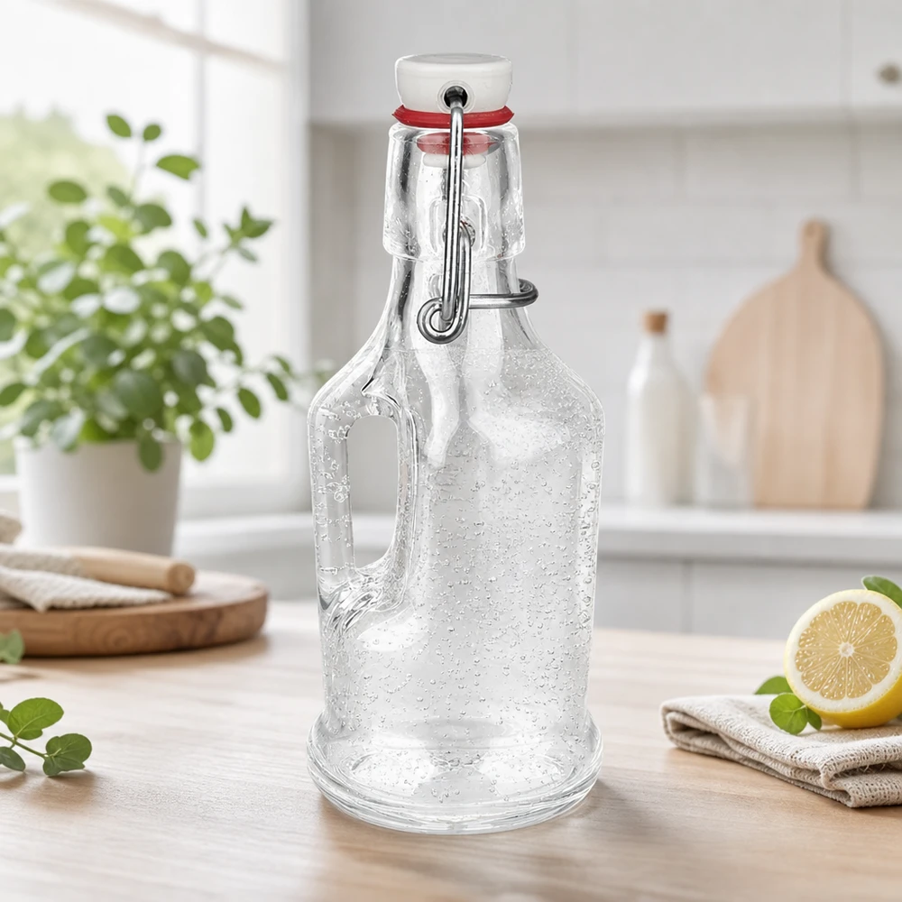 Bottiglia di vetro Bertha da 200 ml vuota con gocce d'acqua e tappo oscillante in porcellana bianca sul piano di lavoro della cucina UNiTW