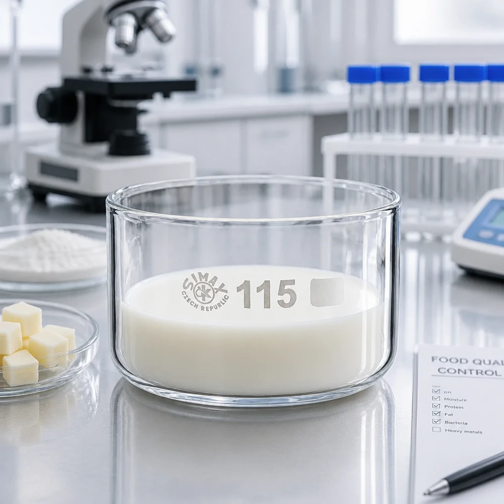 Piastra di cristallizzazione da 500 ml senza beccuccio Bo. ø115mm Vaschetta di cristallizzazione da 500 ml piena di latte accanto a un microscopio durante il controllo della qualità degli alimenti