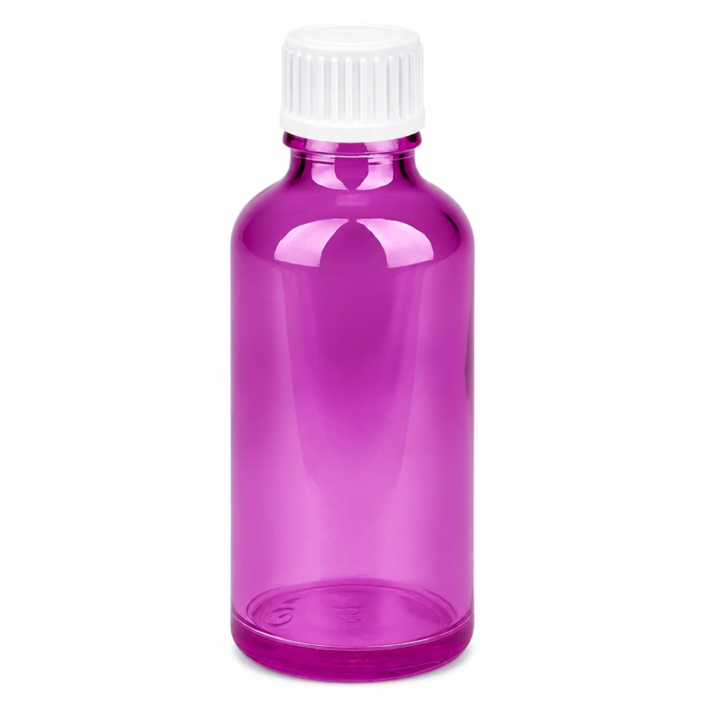 Flacone da 50 ml (globuli) con anello versatore da 3 mm bianco Standard PurpleLine. UT18/50 Flaconi da farmacia viola di alta qualità da 50 ml in vetro robusto per medicinali