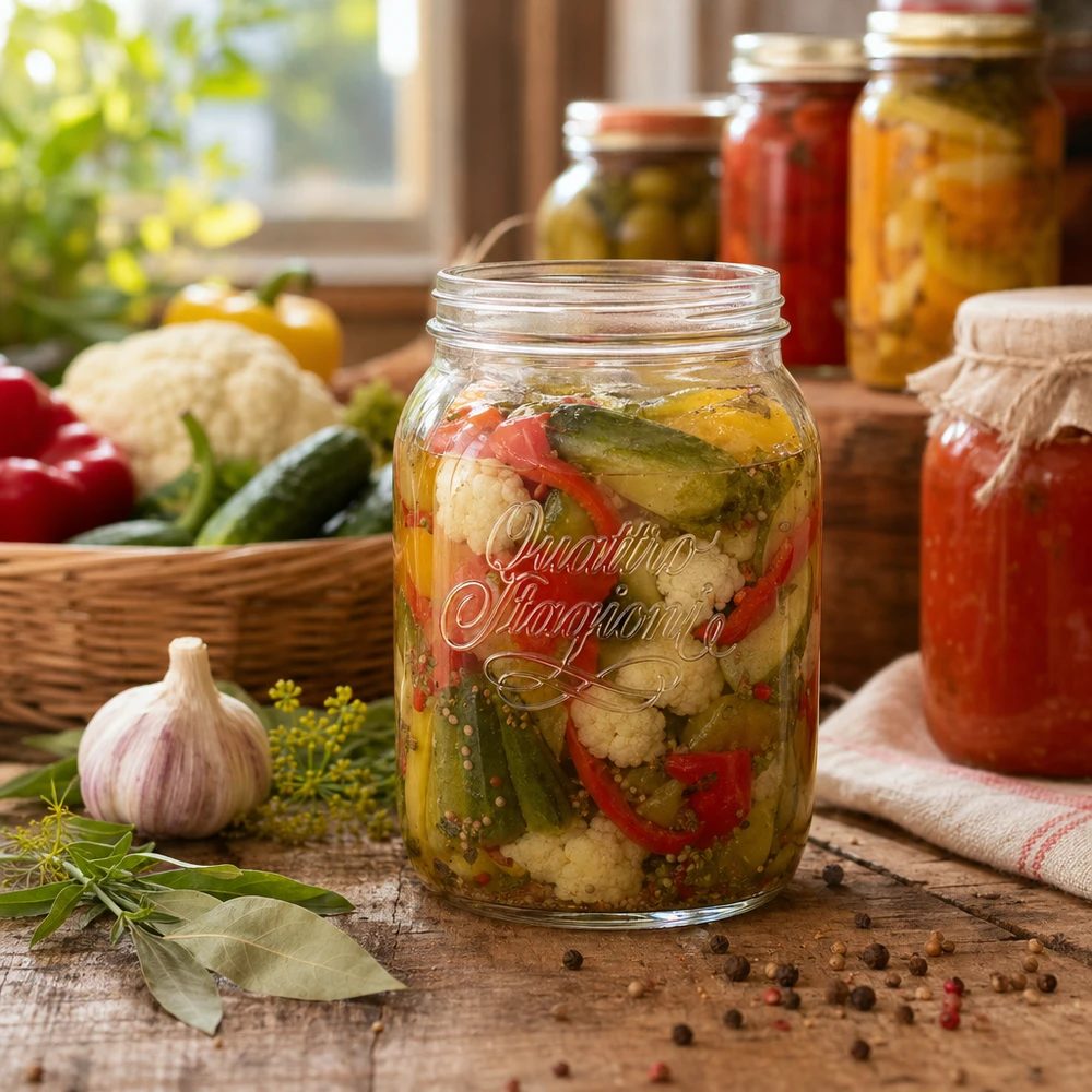 Barattolo di conserva Quattro Stagioni da 2000 ml con verdure sott'aceto su un tavolo di legno accanto a ingredienti freschi e altri barattoli di conserva