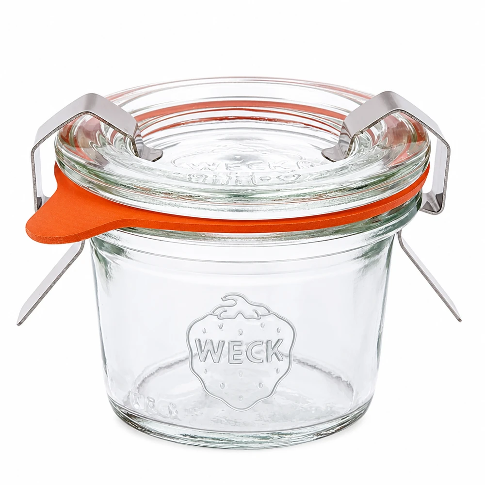 Bicchieri da 35ml completi WECK RR40 WECK 35ml RR40 vaso da muratore con coperchio in vetro, anello in gomma e fascette per conservare e inscatolare