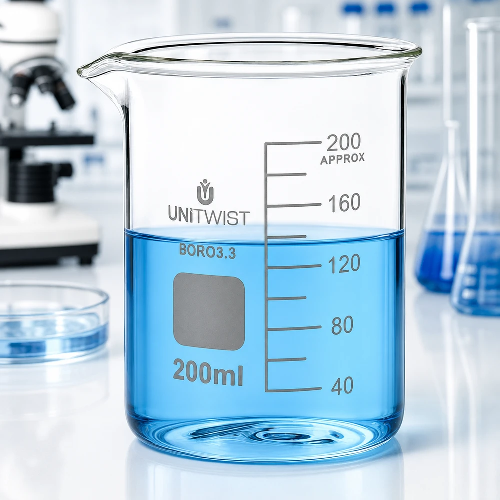 Bicchiere da laboratorio UNiTWIST da 200 ml in borosilicato, di forma bassa, con liquido blu al suo interno