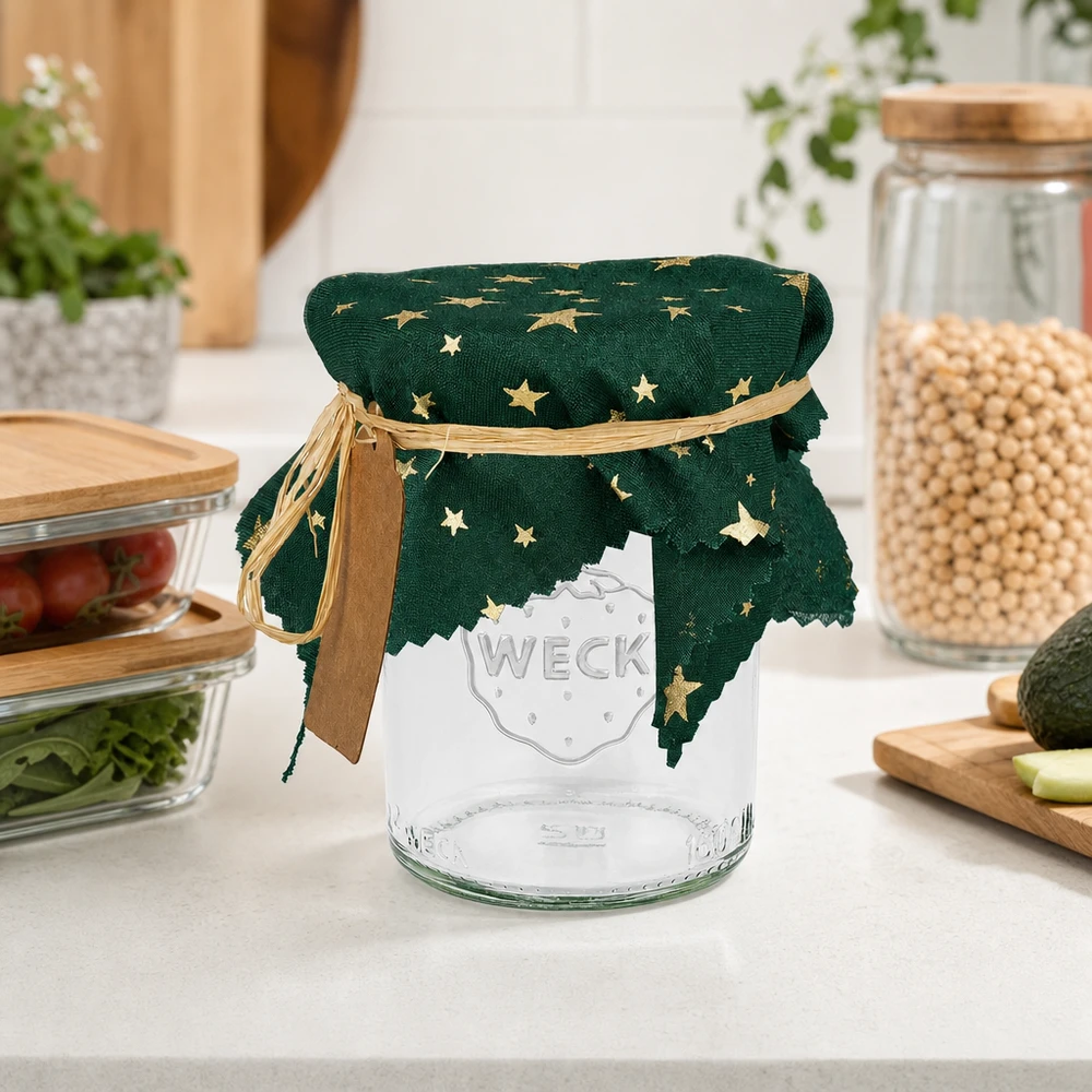 Centrino verde a forma di stella di 15 cm di lato su vaso Weck in un ambiente di cucina con vasi di stoccaggio e tavola di legno