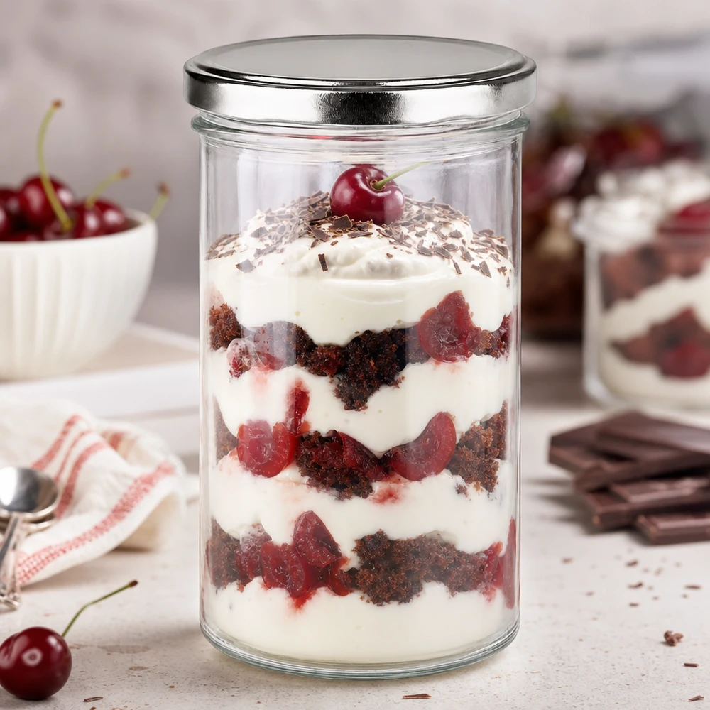 Bicchieri da 277 ml con coperchio BasicSeal argento UN.. 277ml Sturzglas mit silbernem BasicSeal Deckel gefüllt mit Schichtdessert Kirsch-Schokolade perfekt für Desserts
