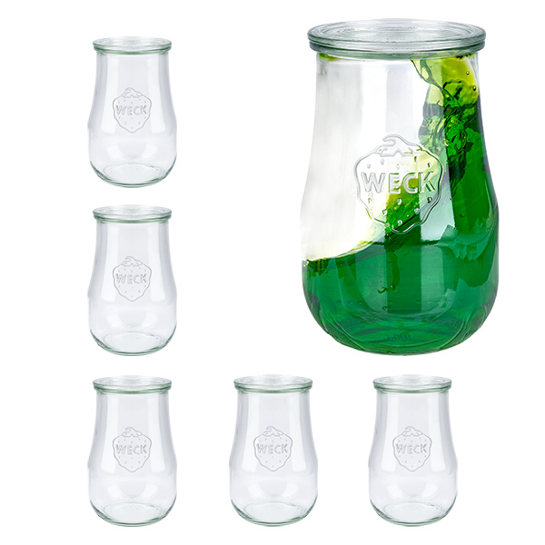 Set di 6 vasi Weck da 1750 ml a tulipano con 6 coperchi in vetro Set di 6 vasi Weck da 1750 ml a tulipano con 6 coperchi in vetro