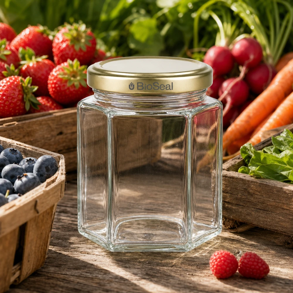 Vasetto per miele da 250 g con capsula dorata BioSeal UNiTWIST Vasetto di miele da 250 g vuoto esagonale BioSeal coperchio dorato tra frutta e verdura fresca su legno rustico forniture apistiche