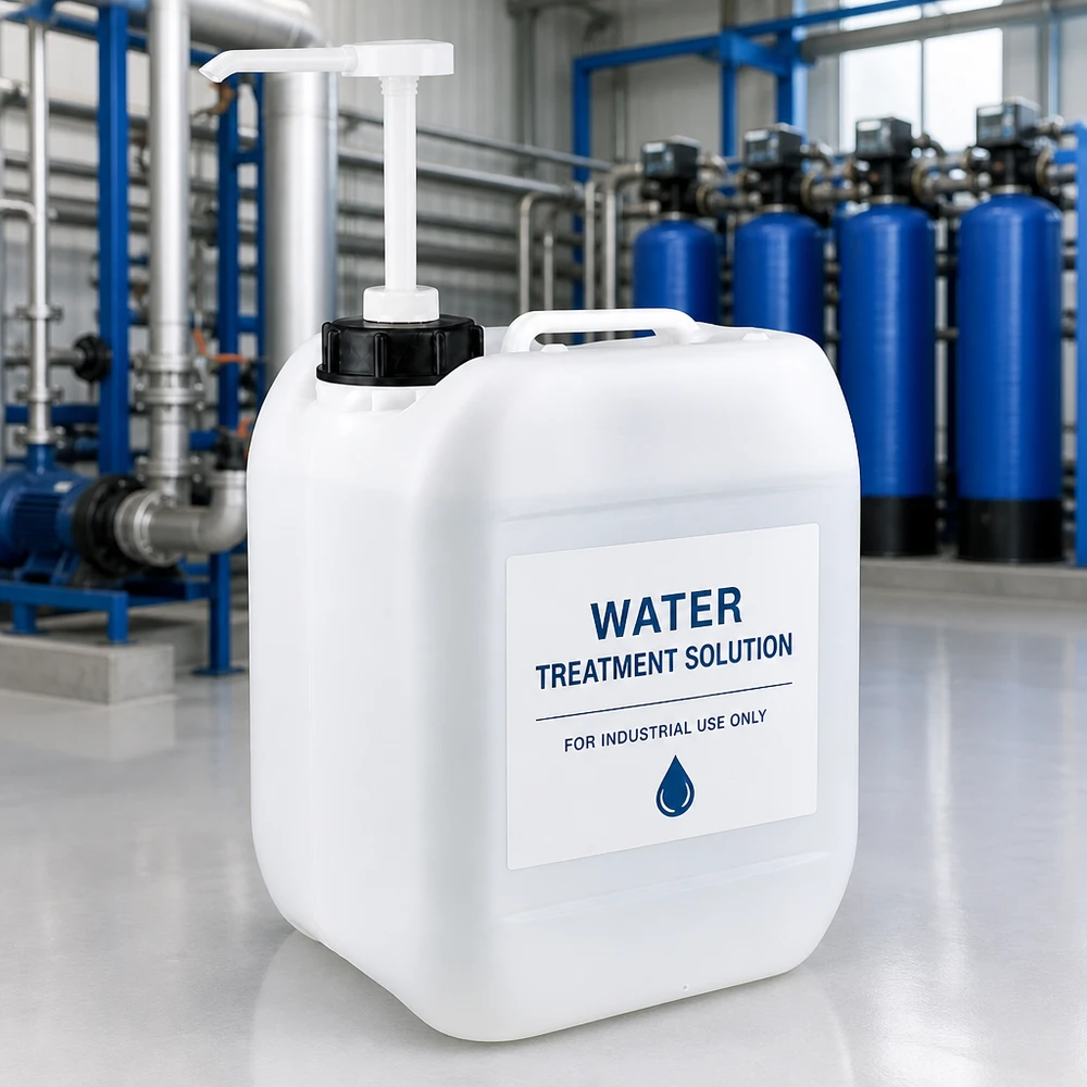 Tanica da 5 litri con pompa dosatrice Tanica bianca da 5 litri per il trattamento dell'acqua con pompa dosatrice davanti a un impianto blu di trattamento delle acque industriali