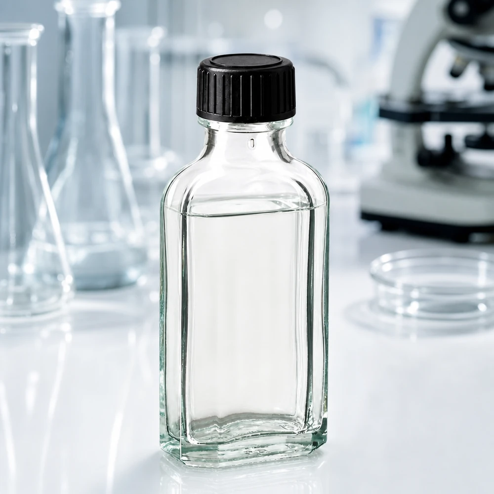Flacone trasparente Meplat da 50 ml con tappo in plastica nera su un piano di laboratorio bianco