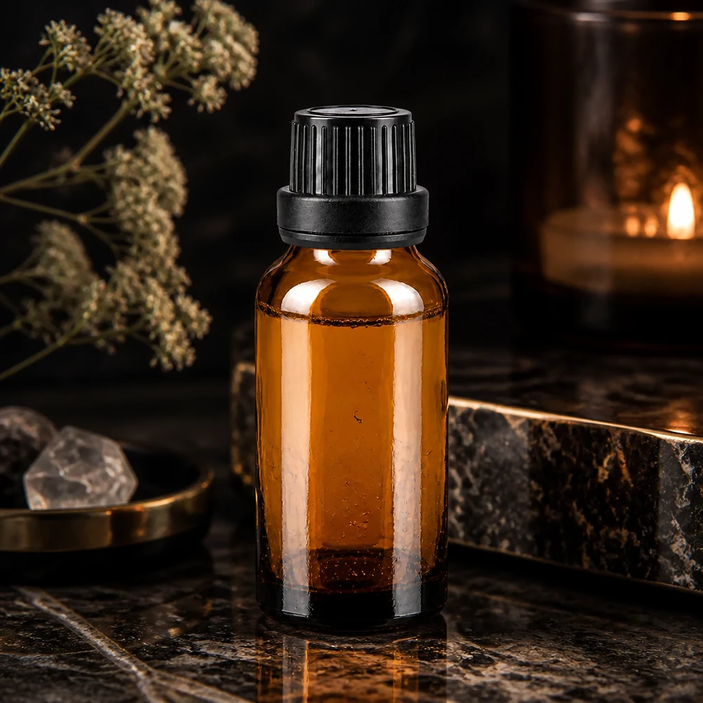Piccola bottiglia di vetro marrone da 20 ml con tappo contagocce nero su una superficie di marmo scuro