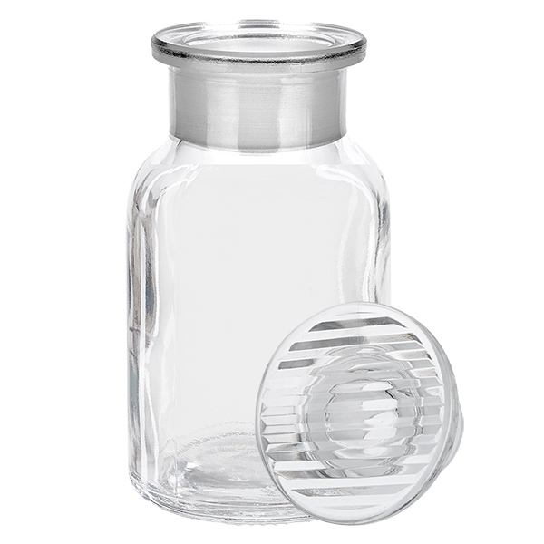 Bottiglia a spalla tonda 100ml trasparente a collo largo con tappo in vetro
