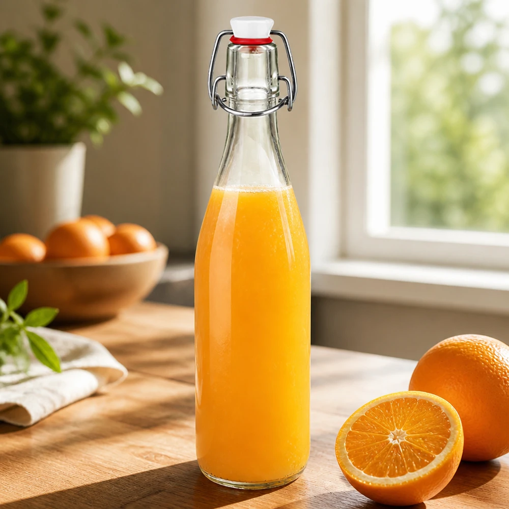 Bottiglia di vetro da 500 ml con tappo oscillante riempita di succo d'arancia su una tavola di legno accanto ad arance fresche in cucina