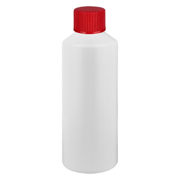 Flacone farmaceutico HDPE 100ml bianco, con tappo rosso SV