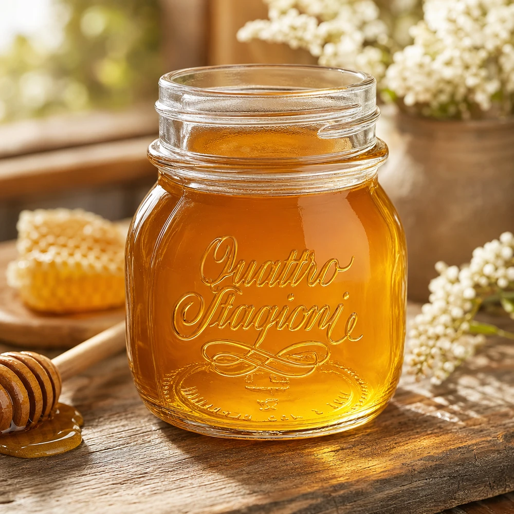 Barattolo da 150ml "Quattro Stagioni" Vasetto Quattro Stagioni da 150 ml pieno di miele su un tavolo di legno rustico con nido d'ape e fiori