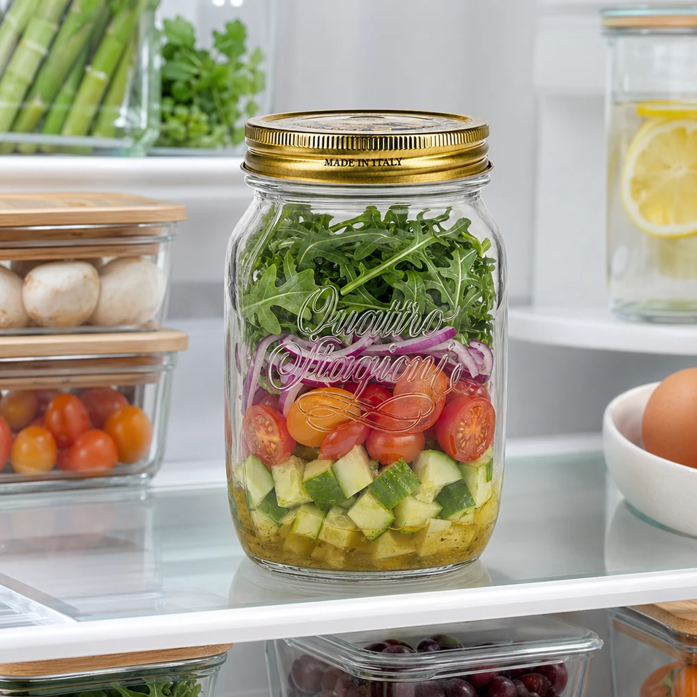 Barattolo rotondo "Quattro Stagioni" da 1000 ml con coperchio Quattro Stagioni 1000ml vaso da conserva con insalata a strati di verdure Rucola in frigo vaso da conserva italiano