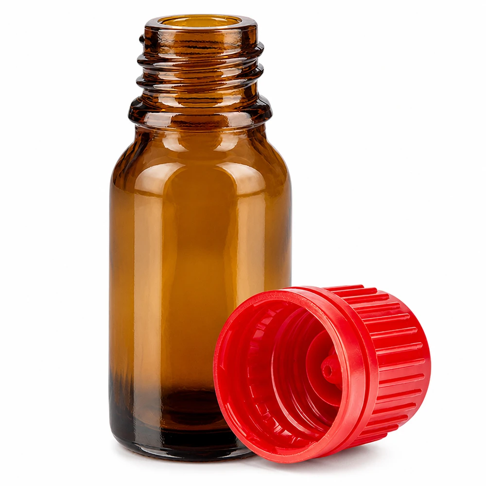 Bottiglia da 10ml 11mm SV rosso OV BrownLine UT18/10 Flacone per medicinali 10ml in vetro ambrato con apertura 11mm e tappo in plastica rossa BrownLine