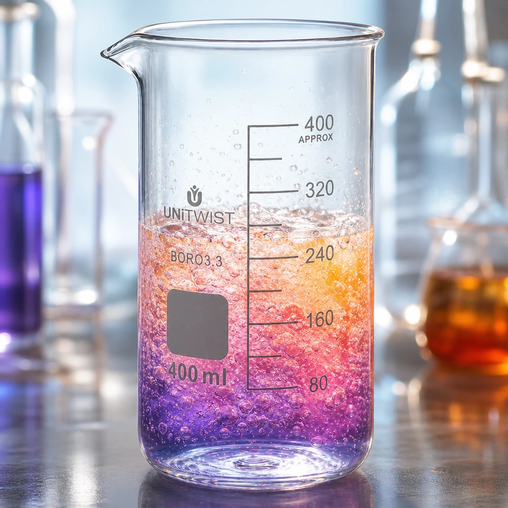 Bicchiere da laboratorio UNITWIST da 400 ml, modello alto, con liquido colorato e bolle in un ambiente di laboratorio professionale