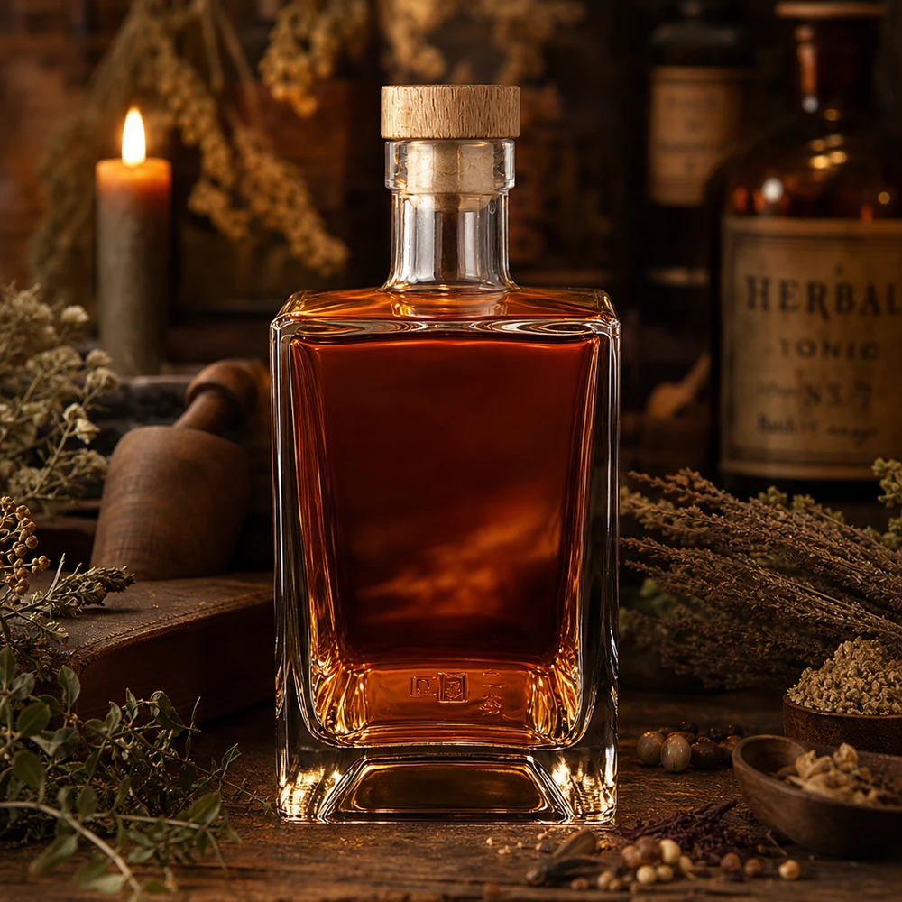 Bottiglia di vetro da 700 ml Ben riempita di whisky candela rustica alle erbe ambiente spirito marrone tappo di legno UNiTWIST